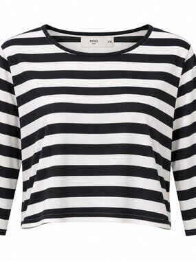 MANGO Striped Crop Top L XL Black White 3/4 Sleeve Preppy Casual Tee MNG Suit